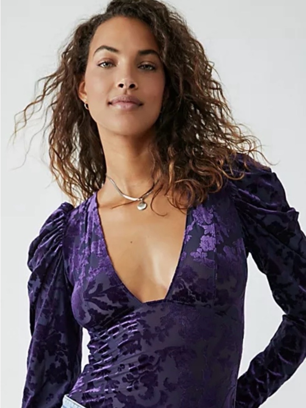 Free People Purple Velvet V-Neck Puff Sleeve Bodysuit
